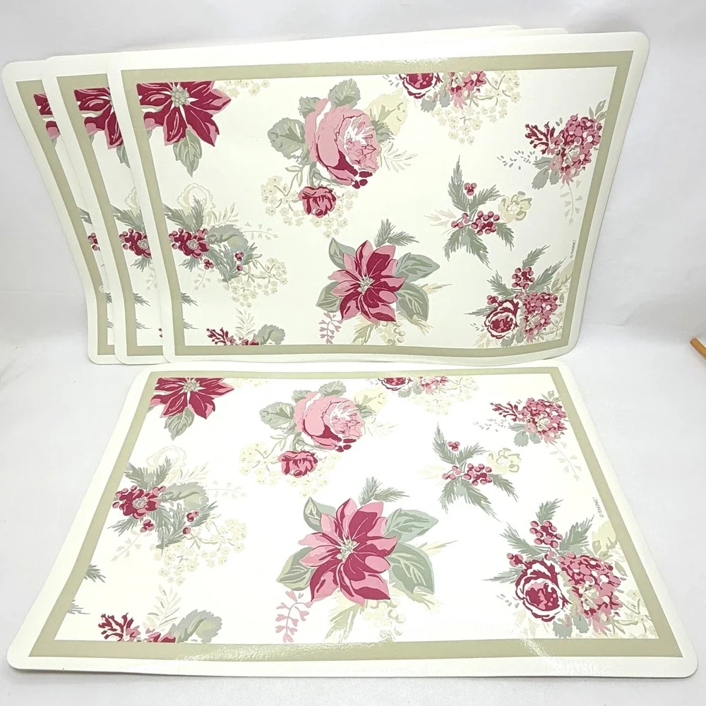 Vintage 4 Christmas Placemats Holiday Time Vinyl Foam Floral Poinsettia Cottage